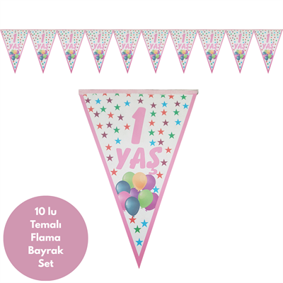 1 Yaş Yıldızlı Pembe Flama Bayrak Set Süs