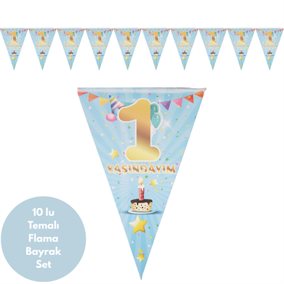1 Yaşındayım Mavi Flama Bayrak Set Süs