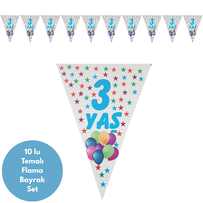 3 Yaş Mavi Yıldızlı Flama Bayrak Set Süs