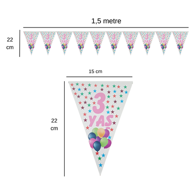 3 Yaş Pembe Yıldızlı Flama Bayrak Set Süs