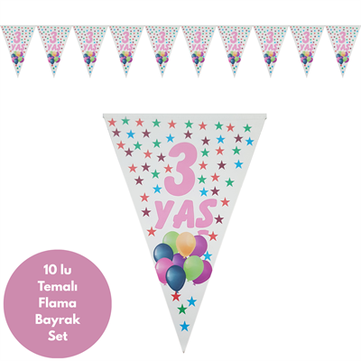 3 Yaş Pembe Yıldızlı Flama Bayrak Set Süs