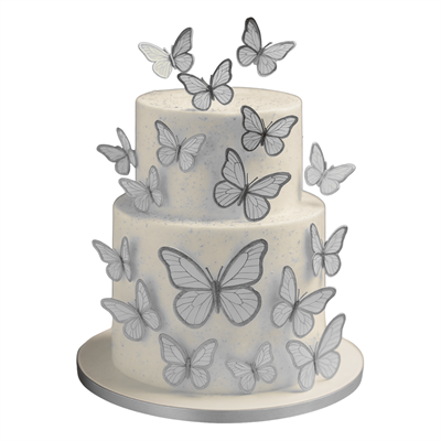 Altın Çerçeveli Gri Renkli Kağıt Kelebek Süslemeleri – 63lü Paket