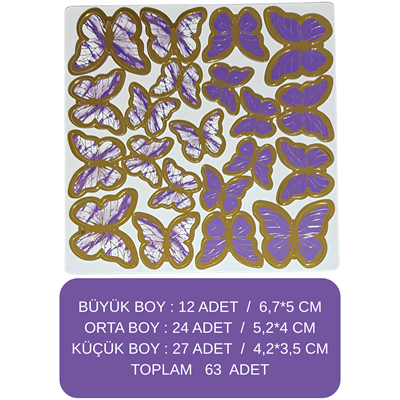 Altın Çerçeveli Mor Renkli Kağıt Kelebek Süslemeleri – 63lü Paket