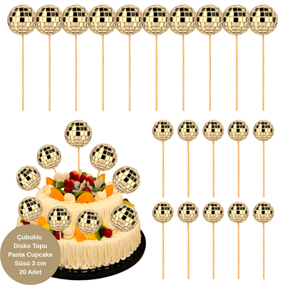 Altın Çubuklu Disko Topu Pasta ve Cupcake Süsü - 20 Adet