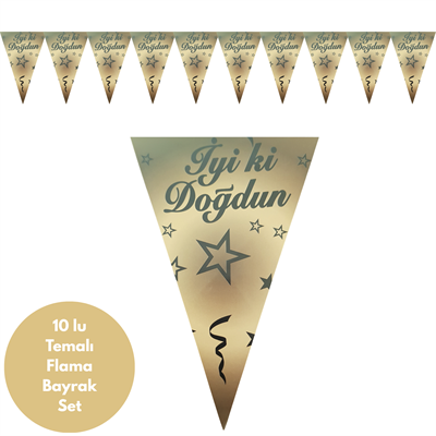 Altın Üstü Siyah Yıldızlı İyiki Doğdun Flama Bayrak Set Süs