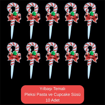 Baston Şeker Temalı Yılbaşı Pleksi Pasta ve Cupcake Süsü - 10 Adet