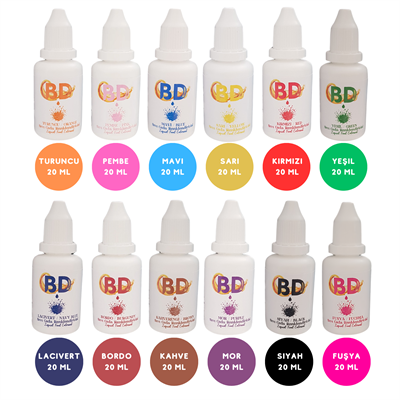 BD 12li Sıvı Gıda Boyası Seti – 20 ml (Turuncu, Pembe, Mavi, Sarı, Yeşil, Kırmızı, Lacivert, Bordo, Kahve, Mor, Siyah, Fuşya)
