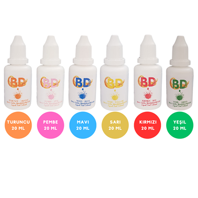 BD 6lı Sıvı Gıda Boyası Seti – 20 ml (Turuncu, Pembe, Mavi, Sarı, Yeşil, Kırmızı)