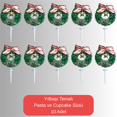 Çelenk Temalı Yılbaşı 3D Pasta ve Cupcake Süsü - 10 Adet