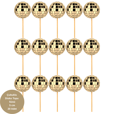 Çubuklu Disko Topu Pasta Süsü Altın 5 cm - 20 Adet