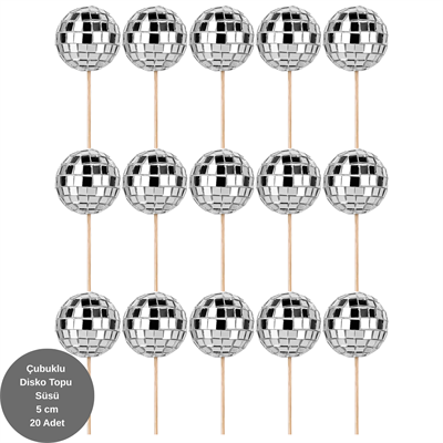 Çubuklu Disko Topu Pasta Süsü Gümüş 5 cm - 20 Adet