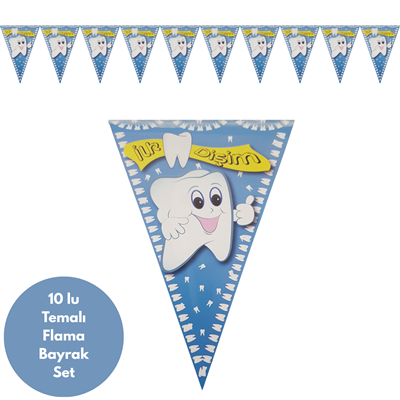 Diş Desenli İlk Dişim Mavi Flama Bayrak Set Süs