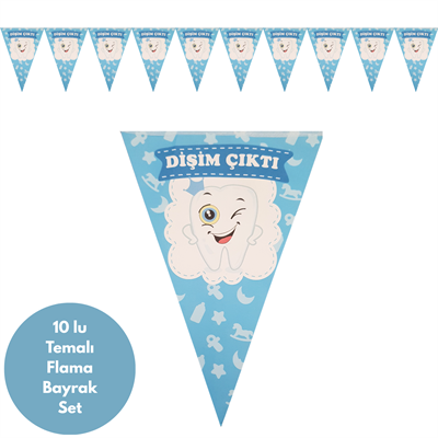 Dişim Çıktı Mavi Flama Bayrak Set Süs
