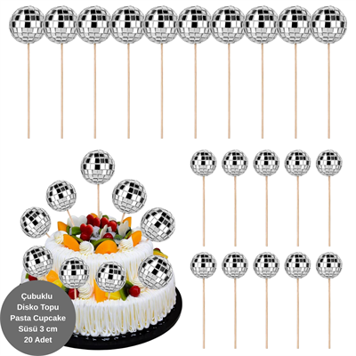 Gümüş Çubuklu Disko Topu Pasta ve Cupcake Süsü - 20 Adet