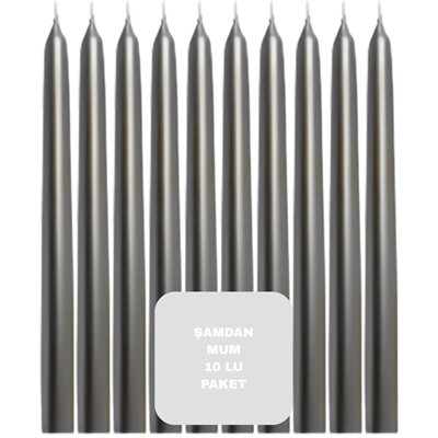 Gümüş Renkli Şamdan Mum 10 Lu Paket 25 cm