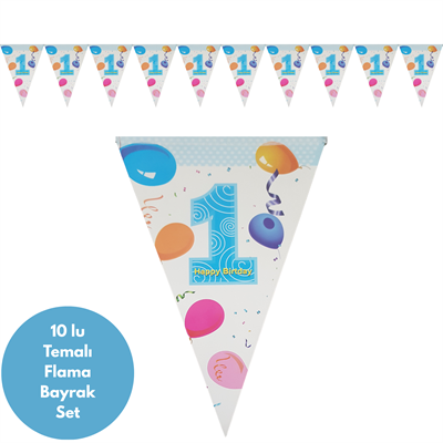 Happy Birthday 1 Yaş Mavi Flama Bayrak Set Süs