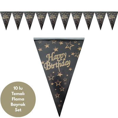 Happy Birthday Siyah Altın Yıldızlı Flama Bayrak Set Süs