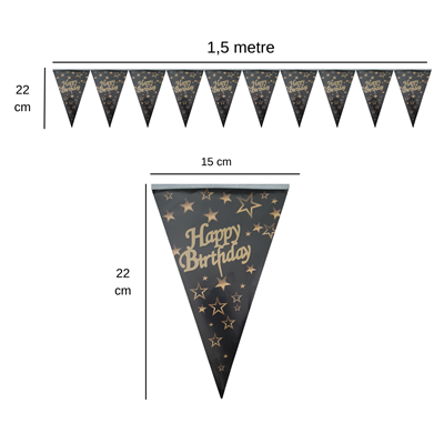 Happy Birthday Siyah Altın Yıldızlı Flama Bayrak Set Süs
