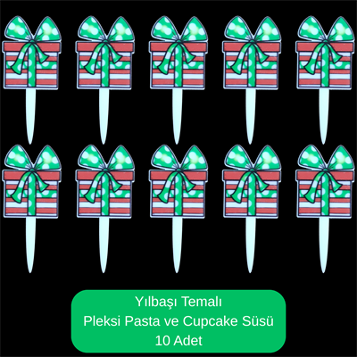 Hediye Paketi Temalı Yılbaşı Pleksi Pasta ve Cupcake Süsü - 10 Adet