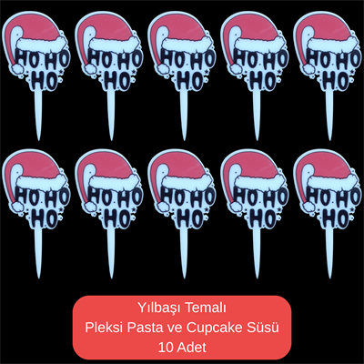 HoHoHo Temalı Yılbaşı Pleksi Pasta ve Cupcake Süsü - 10 Adet