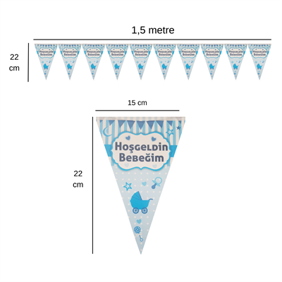 Hoş geldin Bebeğim Mavi Flama Bayrak Set Süs