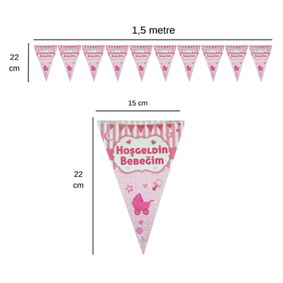 Hoş geldin Bebeğim Pembe Temalı Flama Bayrak Set Süs