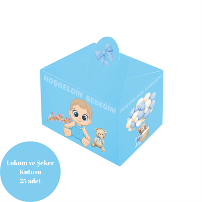 Hoşgeldin Bebeğim Temalı Mavi Renkli Lokum ve Şeker Kutusu 25 Adet