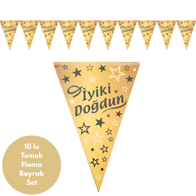 İyiki Doğdun Altın Siyah Flama Bayrak Set Süs