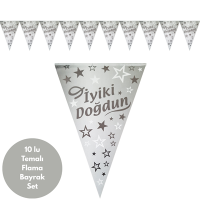 İyiki Doğdun Gümüş Siyah Flama Bayrak Set Süs