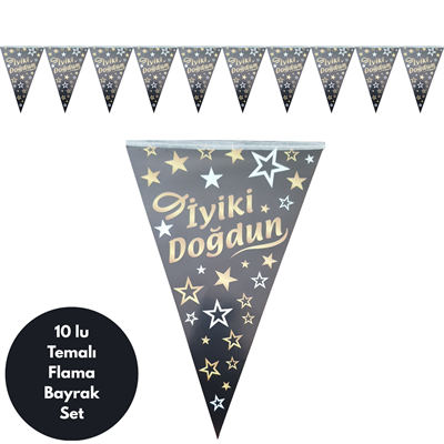 İyiki Doğdun Siyah Altın Yıldızlı Flama Bayrak Set Süs