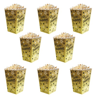 İyiki Doğdun Temalı Altın Siyah Yıldızlı Popcorn Mısır Kutusu 8 li Paket