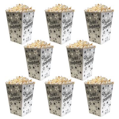 İyiki Doğdun Temalı Gümüş Siyah Yıldızlı Popcorn Mısır Kutusu 8 li Paket
