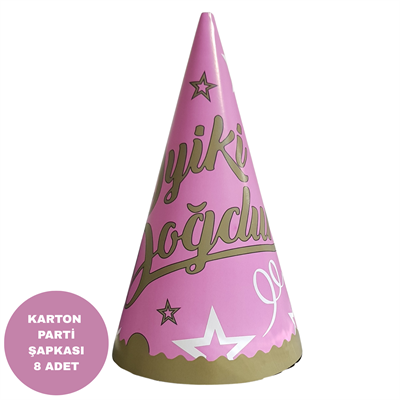 İyiki Doğdun Temalı Pembe Karton Parti Şapkası 8 Adet