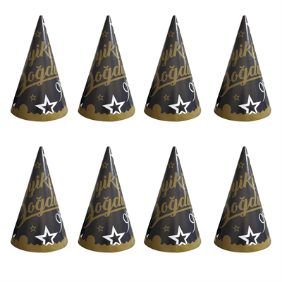 İyiki Doğdun Temalı Siyah Karton Parti Şapkası 8 Adet