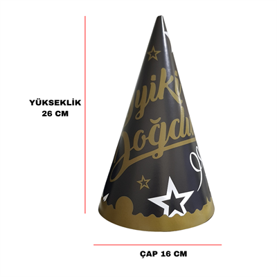 İyiki Doğdun Temalı Siyah Karton Parti Şapkası 8 Adet