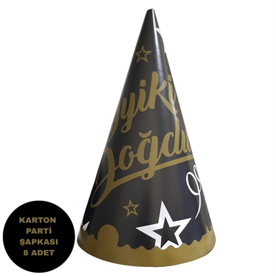 İyiki Doğdun Temalı Siyah Karton Parti Şapkası 8 Adet