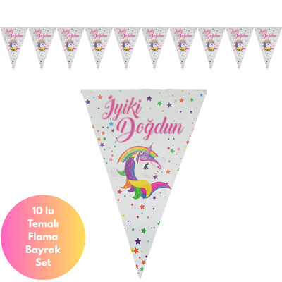 İyiki Doğdun Temalı Unicorn Yıldızlı Flama Bayrak Set Süs