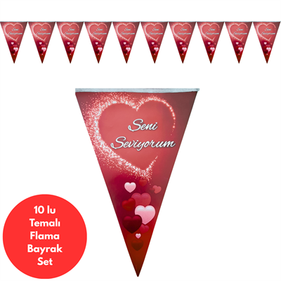 Kalp Temalı Seni Seviyorum Flama Bayrak Set Süs