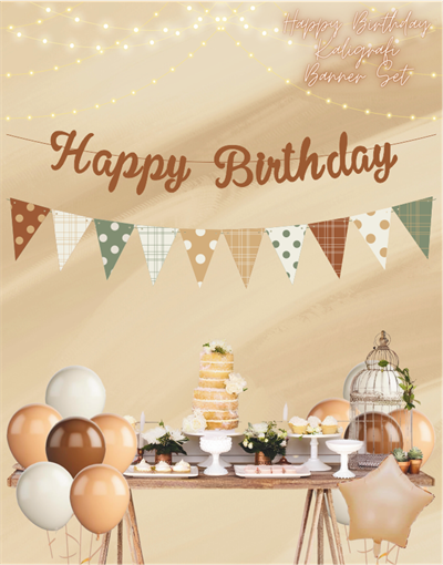 Karamel Happy Birthday Kaligrafi Banner ve Desenli Flama Set