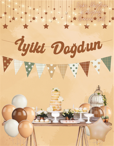 Karamel İyi ki Doğdun Kaligrafi Banner ve Desenli Flama Set