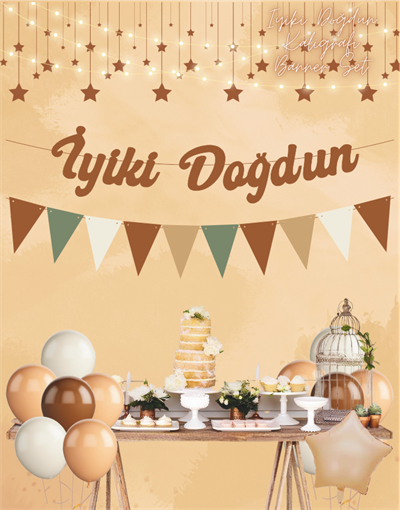 Karamel İyi ki Doğdun Kaligrafi Banner ve Düz Renk Flama Set