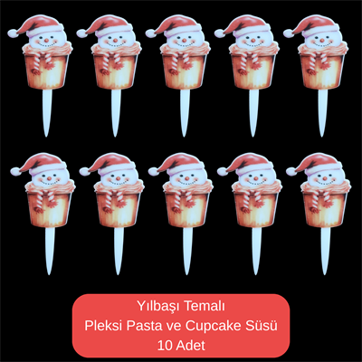 Kardan Adam Temalı Yılbaşı Pleksi Pasta ve Cupcake Süsü - 10 Adet