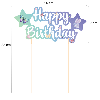 Kelebek Temalı Happy Birthday Kaligrafi Pasta Üstü Süs