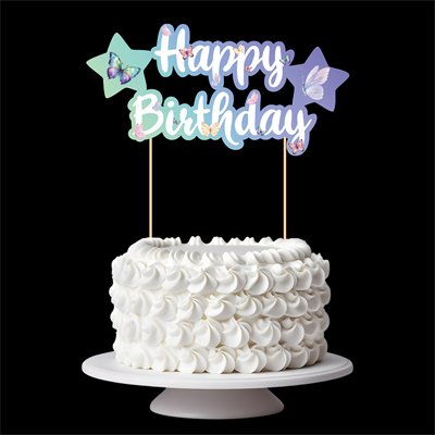 Kelebek Temalı Happy Birthday Kaligrafi Pasta Üstü Süs