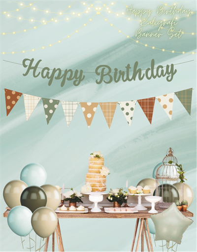 Küf Yeşili Happy Birthday Kaligrafi Banner ve Desenli Flama Set