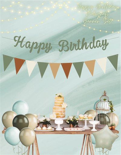 Küf Yeşili Happy Birthday Kaligrafi Banner ve Düz Renk Flama Set
