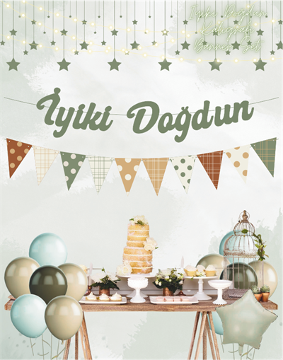 Küf Yeşili İyi ki Doğdun Kaligrafi Banner ve Desenli Flama Set