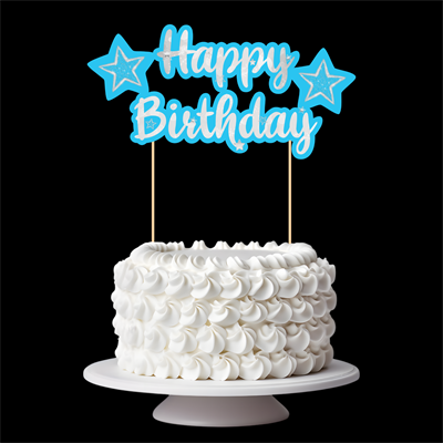 Mavi Gümüş Yıldız Temalı Happy Birthday Kaligrafi Pasta Üstü Süs