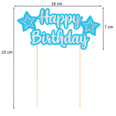 Mavi Gümüş Yıldız Temalı Happy Birthday Kaligrafi Pasta Üstü Süs