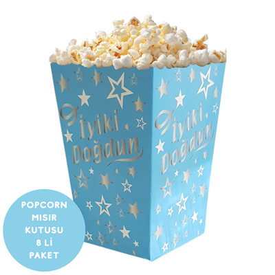 Mavi Gümüş Yıldızlı İyiki Doğdun Temalı Popcorn Mısır Kutusu 8 li Paket